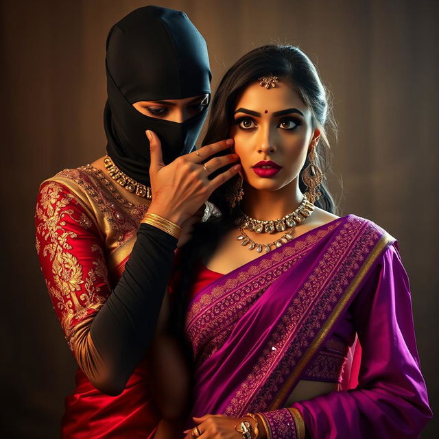 An alluring and dramatic scene featuring two sexy Indian women