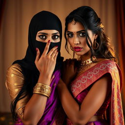 An alluring and dramatic scene featuring two sexy Indian women