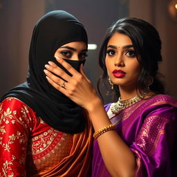 An alluring and dramatic scene featuring two sexy Indian women