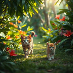 A vibrant scene showcasing a playful cat and a cute kitten exploring a lush jungle path, surrounded by dense green foliage, colorful tropical flowers, and dappled sunlight filtering through the leaves