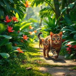A vibrant scene showcasing a playful cat and a cute kitten exploring a lush jungle path, surrounded by dense green foliage, colorful tropical flowers, and dappled sunlight filtering through the leaves