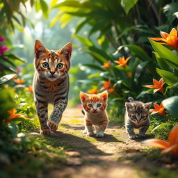 A vibrant scene showcasing a playful cat and a cute kitten exploring a lush jungle path, surrounded by dense green foliage, colorful tropical flowers, and dappled sunlight filtering through the leaves