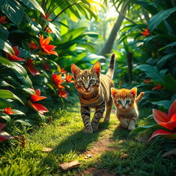 A vibrant scene showcasing a playful cat and a cute kitten exploring a lush jungle path, surrounded by dense green foliage, colorful tropical flowers, and dappled sunlight filtering through the leaves