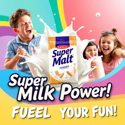 A vibrant advertisement for Super Malt Milk Powder featuring a sleek package design in the center surrounded by splashes of milk and malt grains
