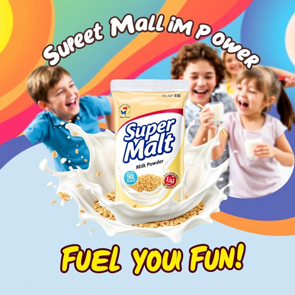 A vibrant advertisement for Super Malt Milk Powder featuring a sleek package design in the center surrounded by splashes of milk and malt grains