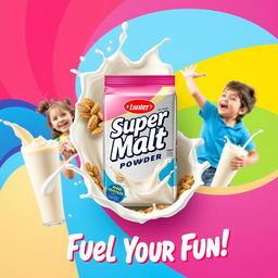 A vibrant advertisement for Super Malt Milk Powder featuring a sleek package design in the center surrounded by splashes of milk and malt grains