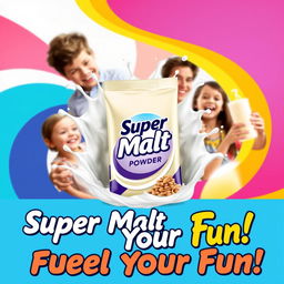A vibrant advertisement for Super Malt Milk Powder featuring a sleek package design in the center surrounded by splashes of milk and malt grains
