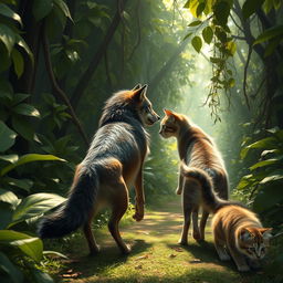 A scene in a dense jungle path where a fierce wild wolf is lunging towards an adult cat, who is defensively arching its back