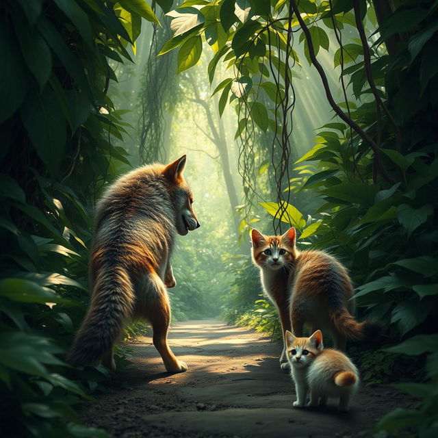 A scene in a dense jungle path where a fierce wild wolf is lunging towards an adult cat, who is defensively arching its back