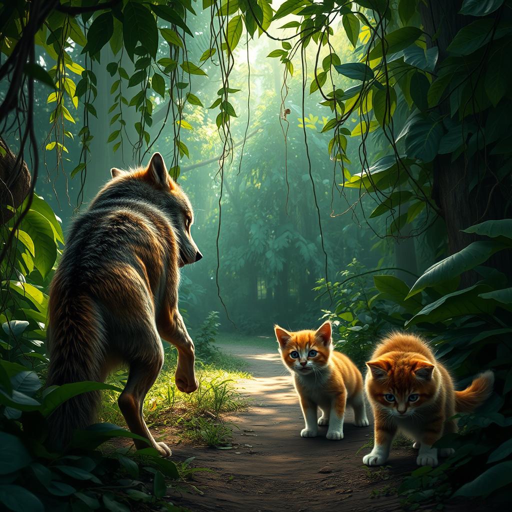 A scene in a dense jungle path where a fierce wild wolf is lunging towards an adult cat, who is defensively arching its back