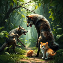 A scene in a dense jungle path where a fierce wild wolf is lunging towards an adult cat, who is defensively arching its back