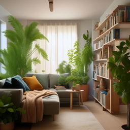 An apartment living room with a cool color palette. The room reflects the energetic vibe of a young nature-lover who enjoys reading books. Include elements such as plants, bookshelves, and cozy reading nooks.