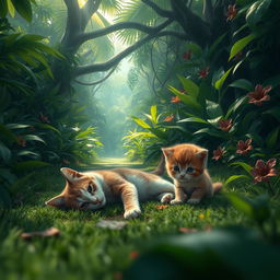 A tragic scene in a jungle path depicting an injured, lifeless cat on the ground surrounded by lush greenery