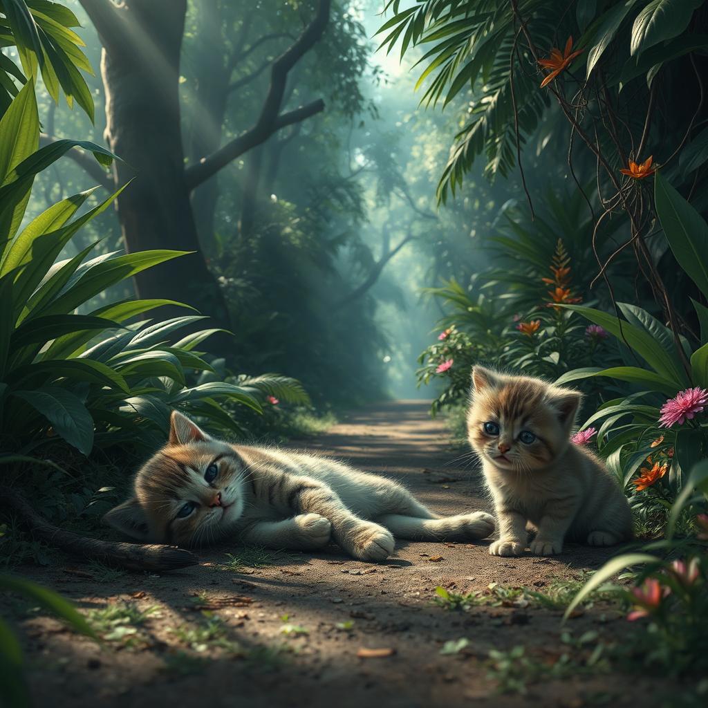 A tragic scene in a jungle path depicting an injured, lifeless cat on the ground surrounded by lush greenery