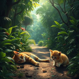 A tragic scene in a jungle path depicting an injured, lifeless cat on the ground surrounded by lush greenery