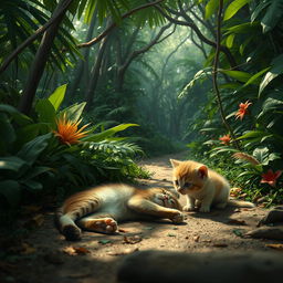 A tragic scene in a jungle path depicting an injured, lifeless cat on the ground surrounded by lush greenery