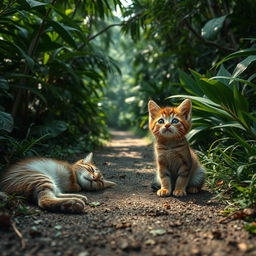 In a lush, dense jungle, a path winds through the thick greenery