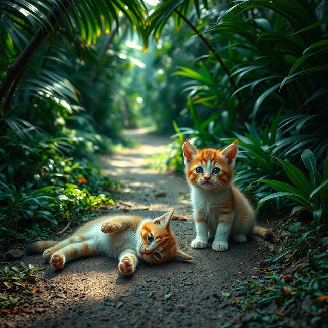 In a lush, dense jungle, a path winds through the thick greenery