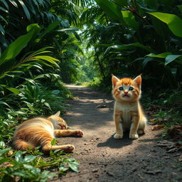 In a lush, dense jungle, a path winds through the thick greenery