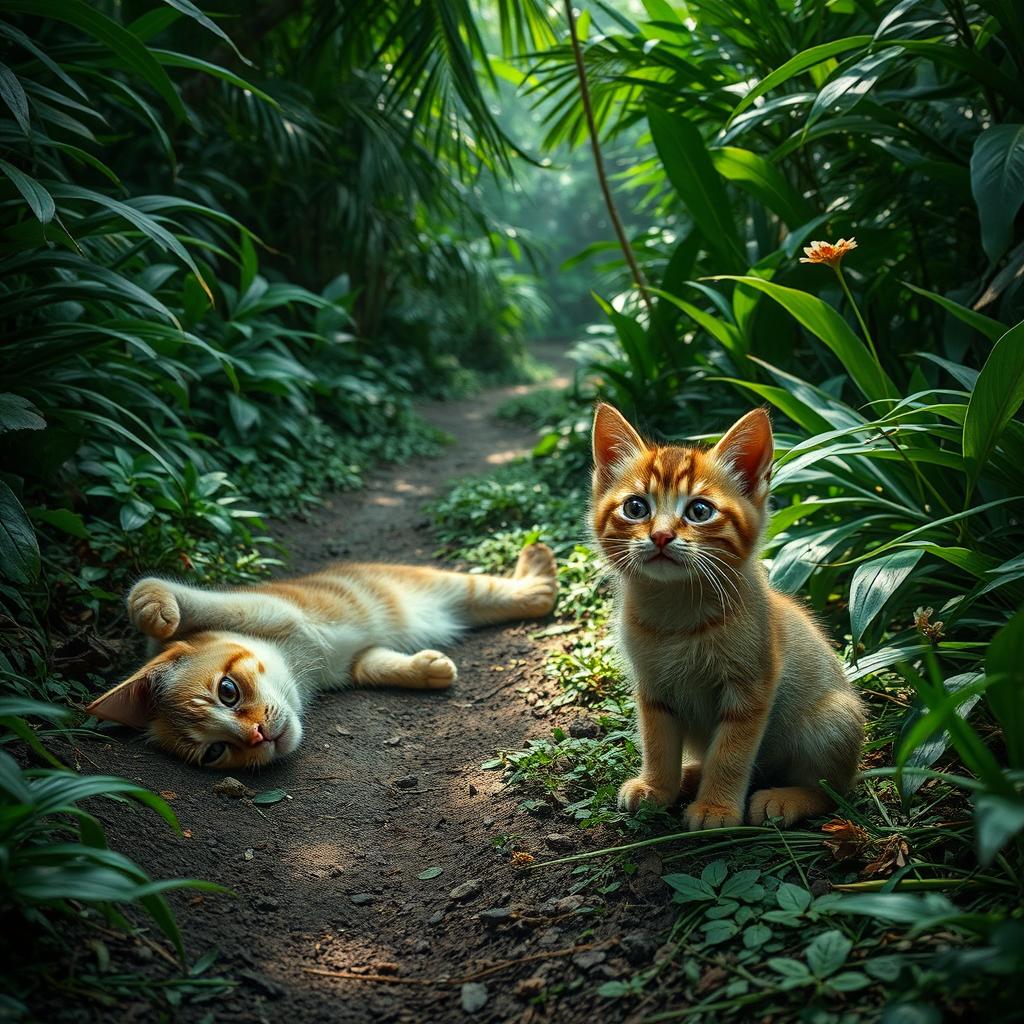 In a lush, dense jungle, a path winds through the thick greenery