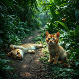 In a lush, dense jungle, a path winds through the thick greenery