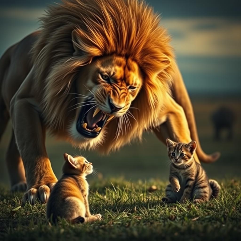 A dramatic scene depicting a large, fierce lion lunging towards a small domestic cat while a frightened kitten watches in the background, crying