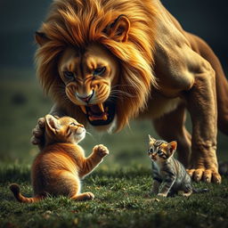 A dramatic scene depicting a large, fierce lion lunging towards a small domestic cat while a frightened kitten watches in the background, crying