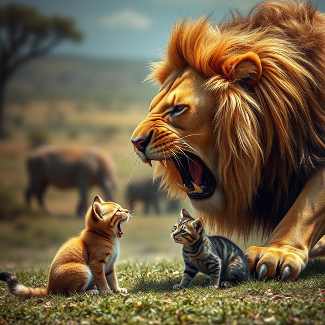 A dramatic scene depicting a large, fierce lion lunging towards a small domestic cat while a frightened kitten watches in the background, crying