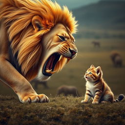A dramatic scene depicting a large, fierce lion lunging towards a small domestic cat while a frightened kitten watches in the background, crying