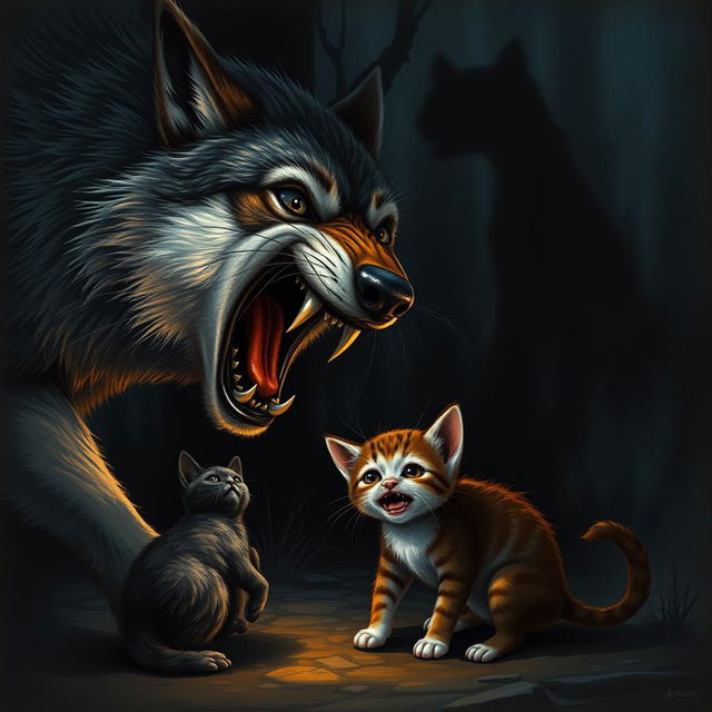 A dramatic scene depicting a large, menacing wolf lunging towards a small cat and a frightened kitten