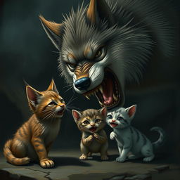 A dramatic scene depicting a large, menacing wolf lunging towards a small cat and a frightened kitten