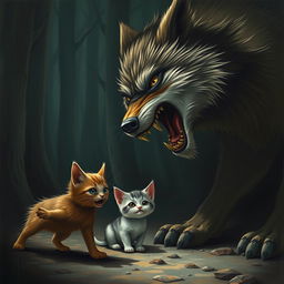 A dramatic scene depicting a large, menacing wolf lunging towards a small cat and a frightened kitten