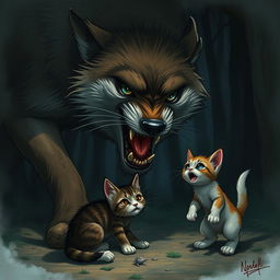 A dramatic scene depicting a large, menacing wolf lunging towards a small cat and a frightened kitten