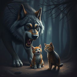 A dramatic scene depicting a large, fierce wolf lunging towards a frightened cat and a crying kitten