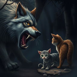 A dramatic scene depicting a large, fierce wolf lunging towards a frightened cat and a crying kitten