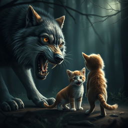 A dramatic scene depicting a large, fierce wolf lunging towards a frightened cat and a crying kitten