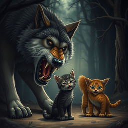 A dramatic scene depicting a large, fierce wolf lunging towards a frightened cat and a crying kitten