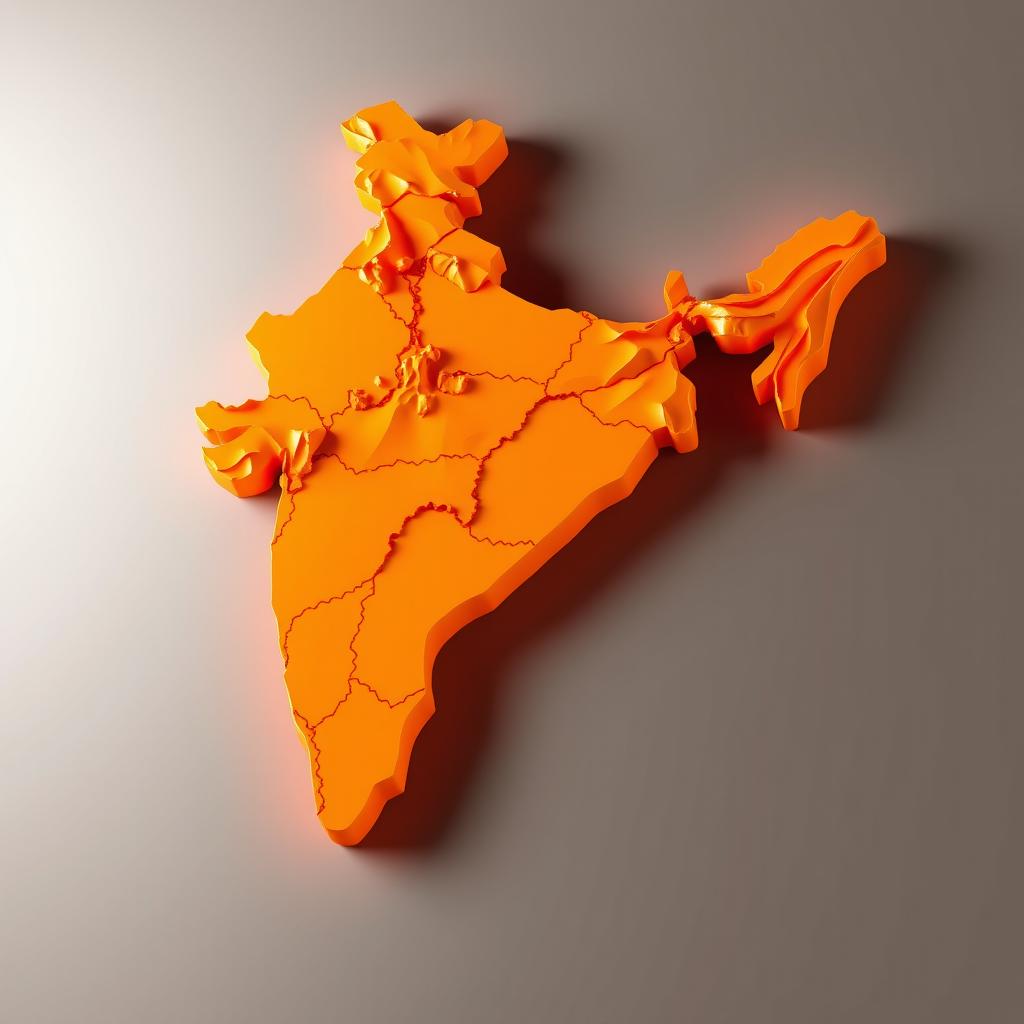 A vibrant 3D representation of the map of India, prominently featuring an orange color scheme