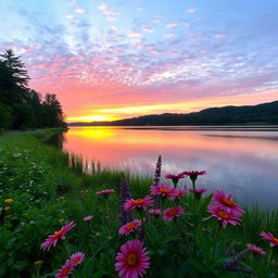 A serene landscape featuring a beautiful sunset over a calm lake, surrounded by lush greenery and colorful flowers in the foreground