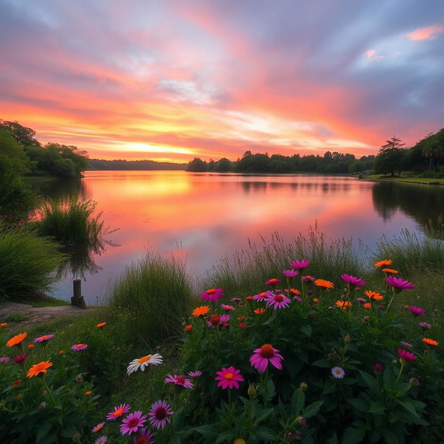 A serene landscape featuring a beautiful sunset over a calm lake, surrounded by lush greenery and colorful flowers in the foreground