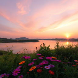 A serene landscape featuring a beautiful sunset over a calm lake, surrounded by lush greenery and colorful flowers in the foreground