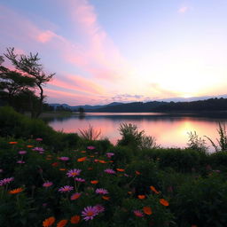 A serene landscape featuring a beautiful sunset over a calm lake, surrounded by lush greenery and colorful flowers in the foreground