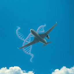 A dramatic scene of an airplane climbing high in the sky, with a striking DNA symbol beautifully rendered in the background