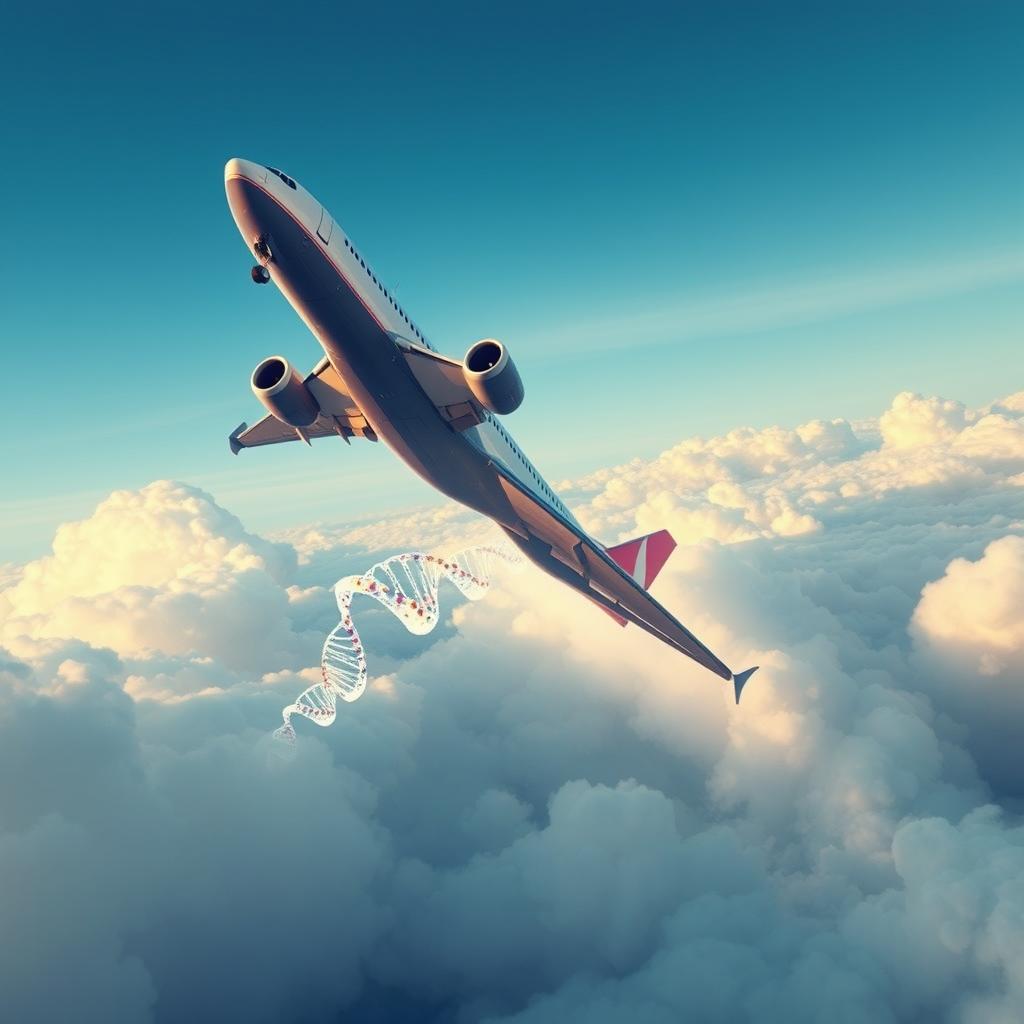 A dramatic scene of an airplane climbing high in the sky, with a striking DNA symbol beautifully rendered in the background