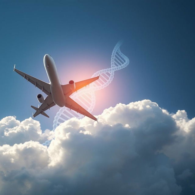 A dramatic scene of an airplane climbing high in the sky, with a striking DNA symbol beautifully rendered in the background