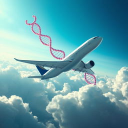 A dramatic scene of an airplane climbing high in the sky, with a striking DNA symbol beautifully rendered in the background