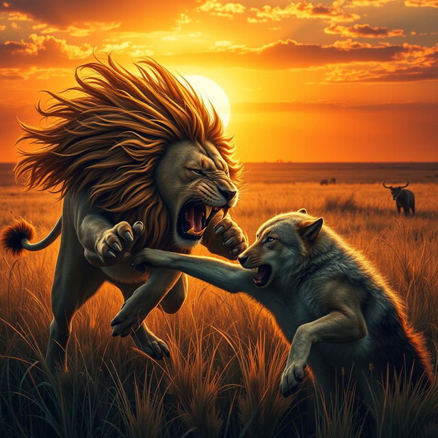 A dramatic scene depicting a fierce lion overpowering a wolf in an intense confrontation