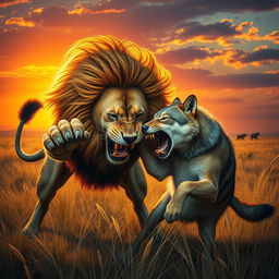 A dramatic scene depicting a fierce lion overpowering a wolf in an intense confrontation