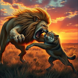 A dramatic scene depicting a fierce lion overpowering a wolf in an intense confrontation