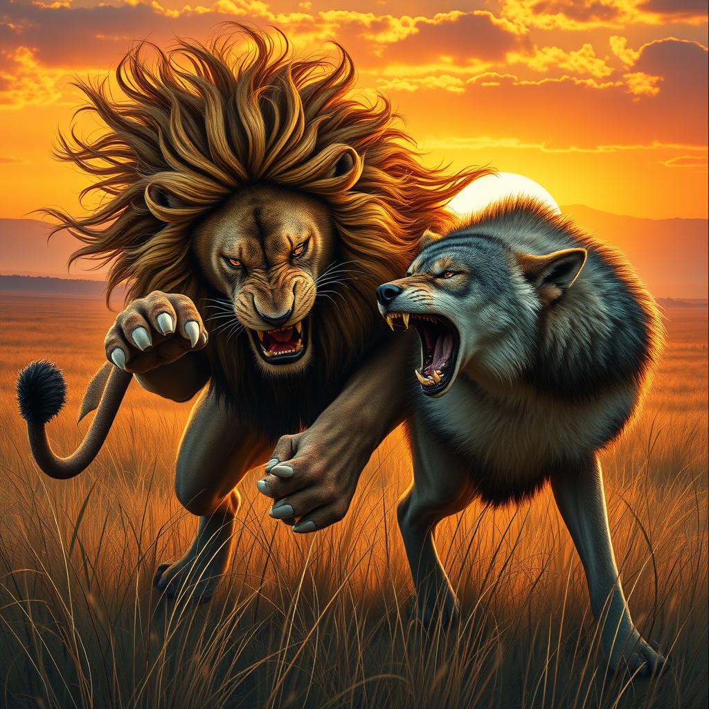 A dramatic scene depicting a fierce lion overpowering a wolf in an intense confrontation